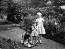 Pat, Gillian and Deirdre Laycock and 'Patsy' at Shaw House, Halifax, ca 1950