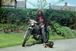 On new Honda motorcycle, Howard Holdsworth, Halifax, 1973