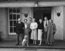 Mr & Mrs Brian Johnston, Mr & Mrs Goodall, Mr & Mrs Woodger, Didy Holdsworth and 'Flip', at Scargill House, Kettlewell, 1953