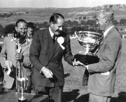 Bill Holdsworth presenting cup to Peter Fletcher at Kilnsey Show, Sept 1955