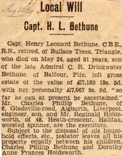 Press cutting - will of Capt. H.L. Bethune, 22 Aug 1939