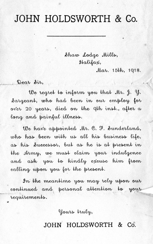 Letter announcing J Y Sargeant's death, March 1918