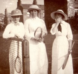 Mrs Wright, C. Holdsworth, D. Highley, Halifax Tennis Club, 1913. From George Bertram Holdsworth photograph album 1909