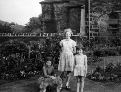 Pat, Deirdre and Gillian Laycock and 'Patsy' at Shaw House, Halifax, ca 1950