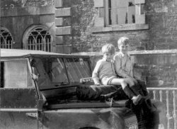 Howard and Michael Holdsworth on a Land-Rover at Bellinter House, 1954
