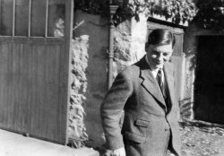 Derek Bryceson in front of garage at Scargill House, Kettlewell 1946